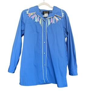 Bob Mackie Shirt Women Medium Blue Embroidered Wearable Art Button Up Top Ribbon